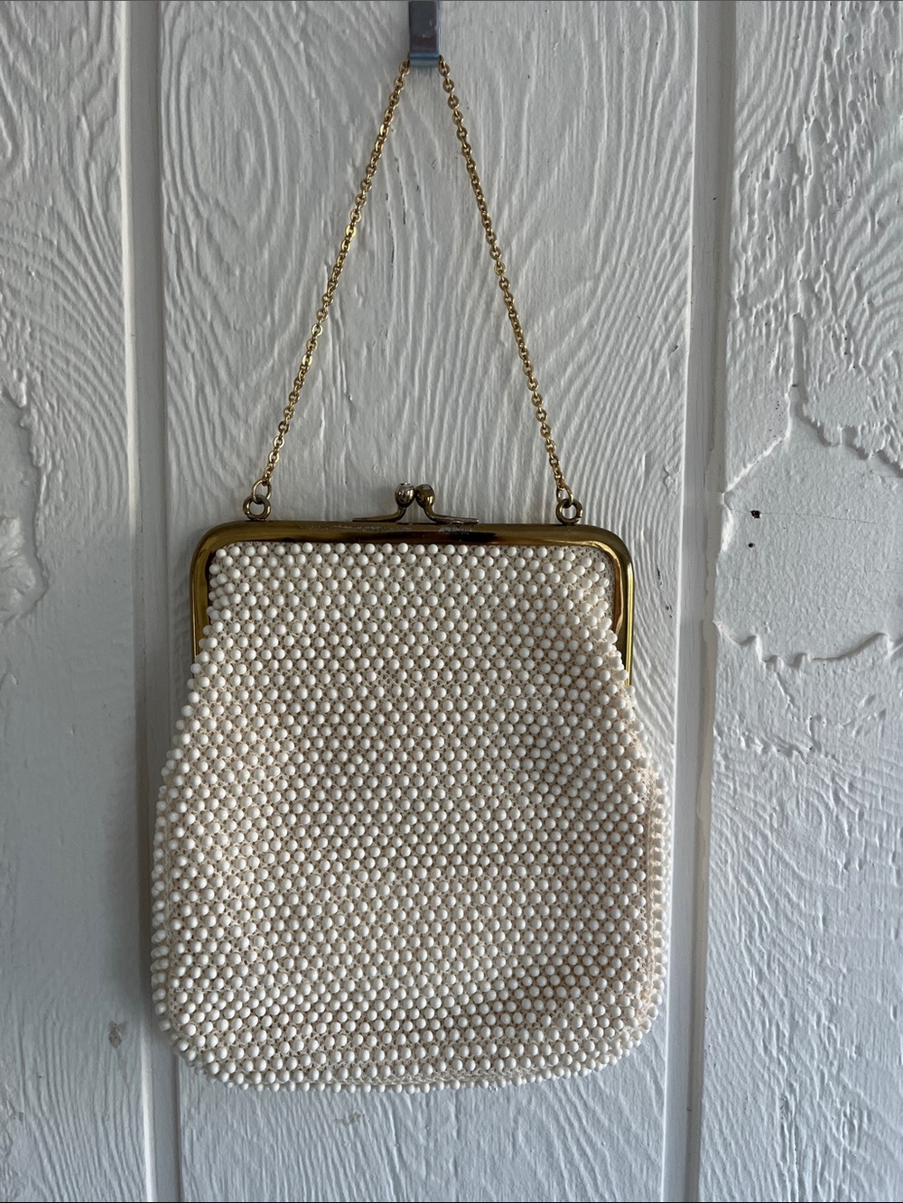 Beaded Cream Evening Bag with Gold Frame and Chain